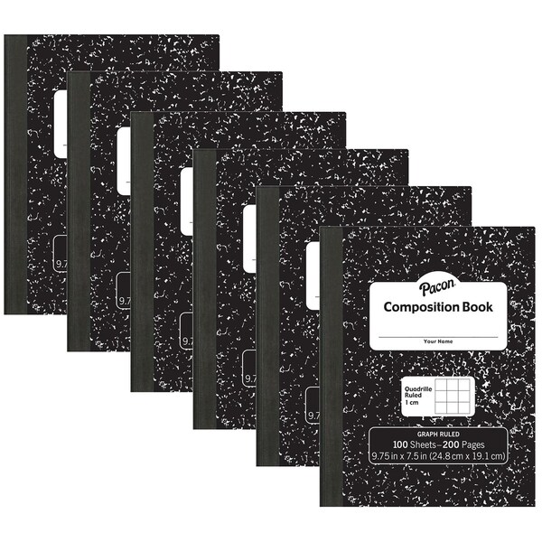 Composition Book, Black Marble, 1 cm Quadrille Ruled, 9-3/4in. x 7-1/2in., 100 Sheets Per Book, 6PK